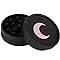 Two-piece herb grinder in black with a blush moon on the lid, seen from above.
