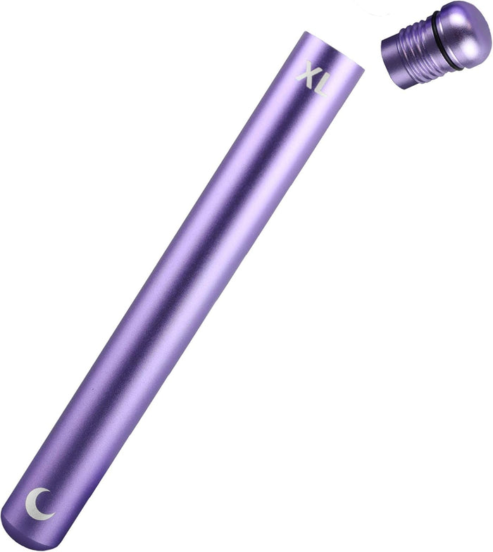 Lilac anodised metal tube with its rounded screw cap lifted away, marked XL with a white moon at the base.