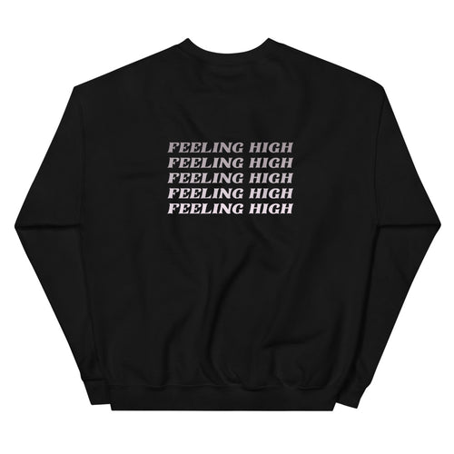 Black crewneck sweatshirt shown from the back, printed with a repeating blush slogan across the shoulders.