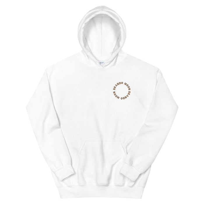 White pullover hoodie with the Brando Moon wordmark embroidered in a small circle at the chest.