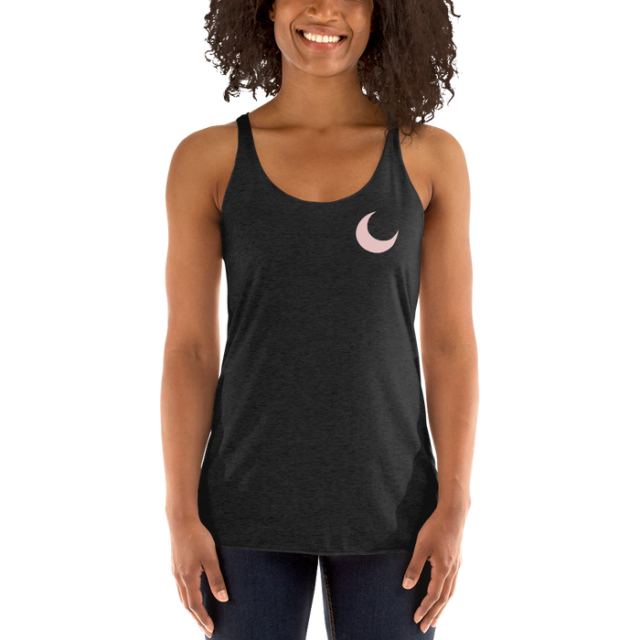 Charcoal racerback tank with a blush crescent moon at the chest.