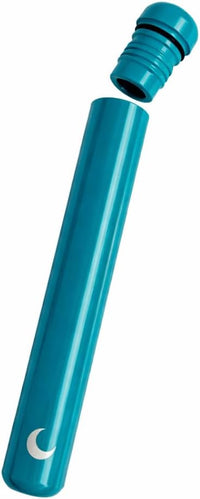 Glossy teal storage tube with its ribbed screw cap lifted away and a white moon mark near the base.