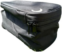Black zippered fabric case with twin lockable pulls and a white moon mark.