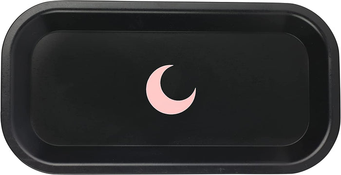 Matte black tray with softly rounded corners and a blush moon at its centre, seen from above.