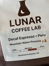 Lunar Coffee Lab Organic Decaf Espresso Single Origin Coffee Peru - Naturally Mountain Water Processed - Medium Dark Roast (8oz)