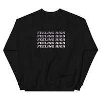 Black crewneck sweatshirt shown from the back, printed with a repeating blush slogan across the shoulders.