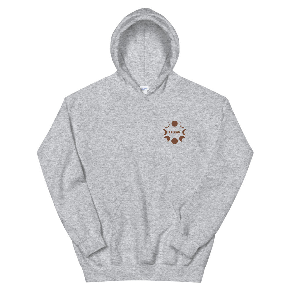 Heather grey pullover hoodie with a small Lunar moon-phase circle embroidered at the chest.