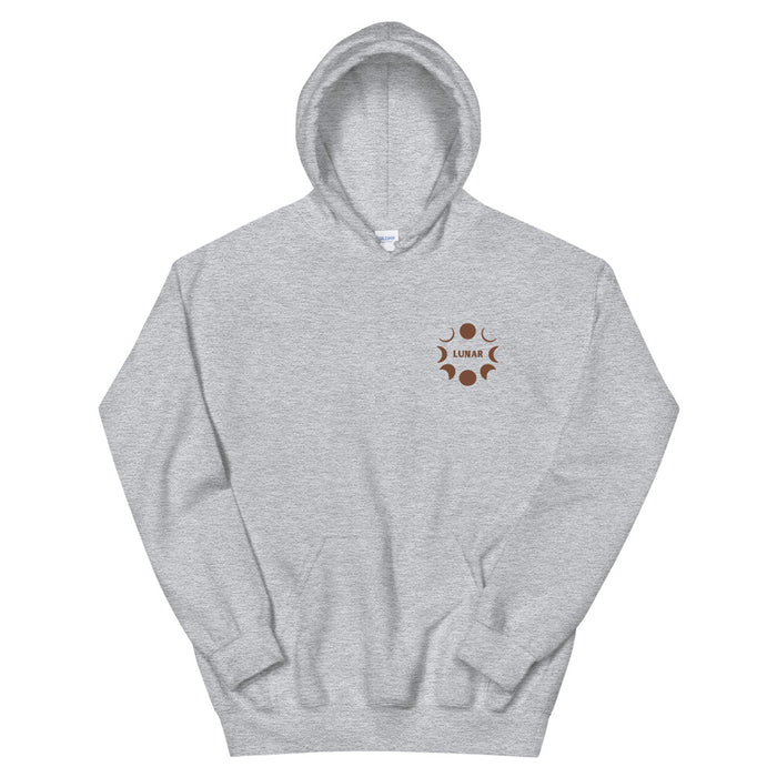 Heather grey pullover hoodie with a small Lunar moon-phase circle embroidered at the chest.
