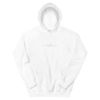 White pullover hoodie with a fine blush script slogan across the chest.