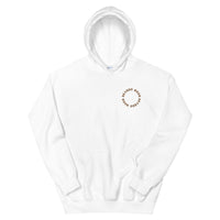 White pullover hoodie with the Brando Moon wordmark embroidered in a small circle at the chest.