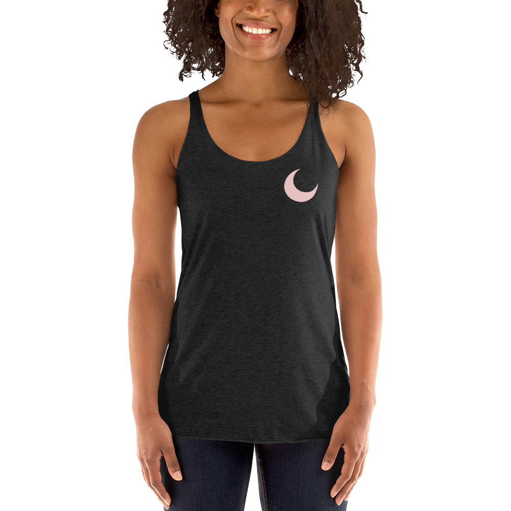 Charcoal racerback tank with a blush crescent moon at the chest.