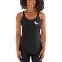 Charcoal racerback tank with a blush crescent moon at the chest.