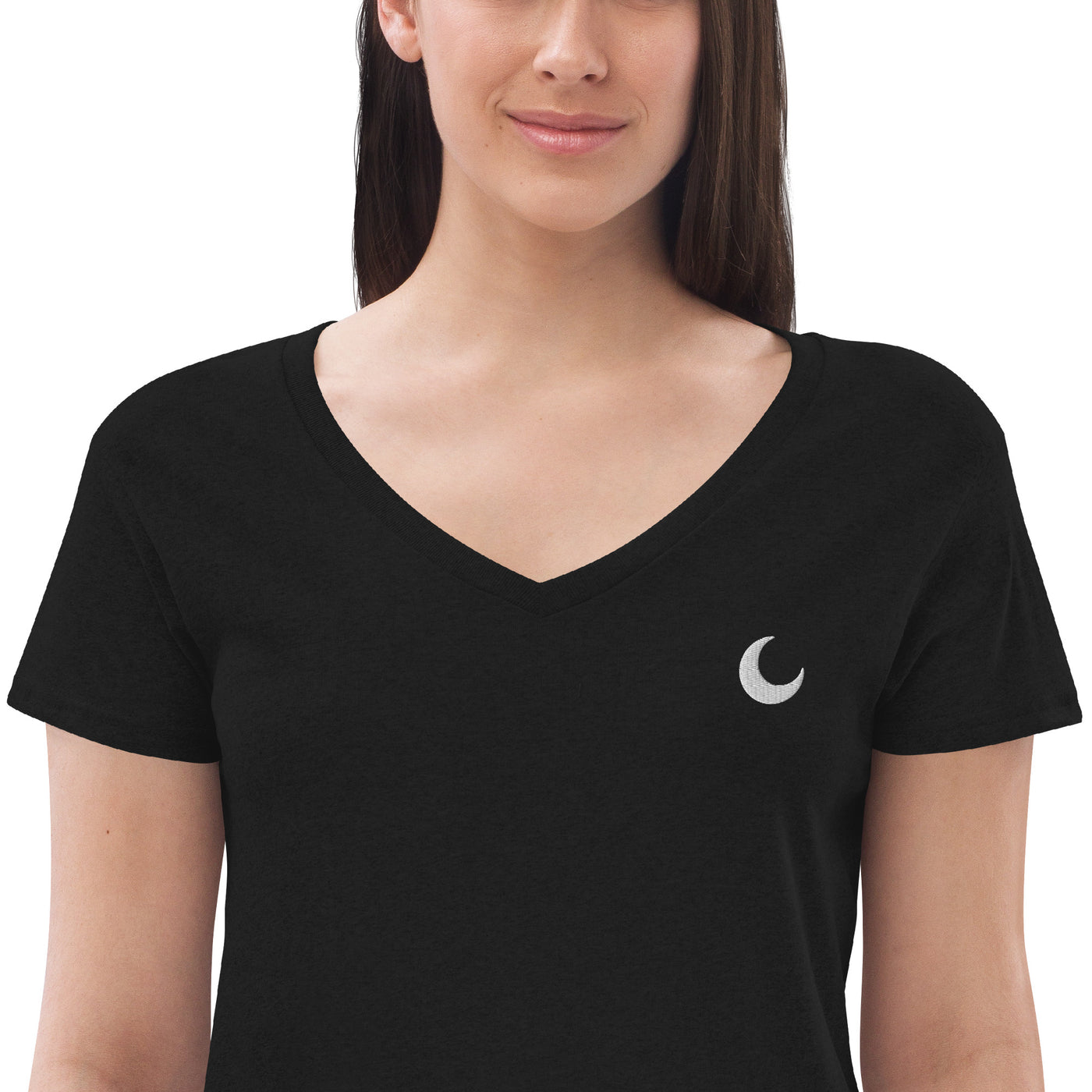 Black recycled V-neck tee with a small white crescent moon embroidered at the chest.