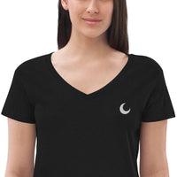 Black recycled V-neck tee with a small white crescent moon embroidered at the chest.